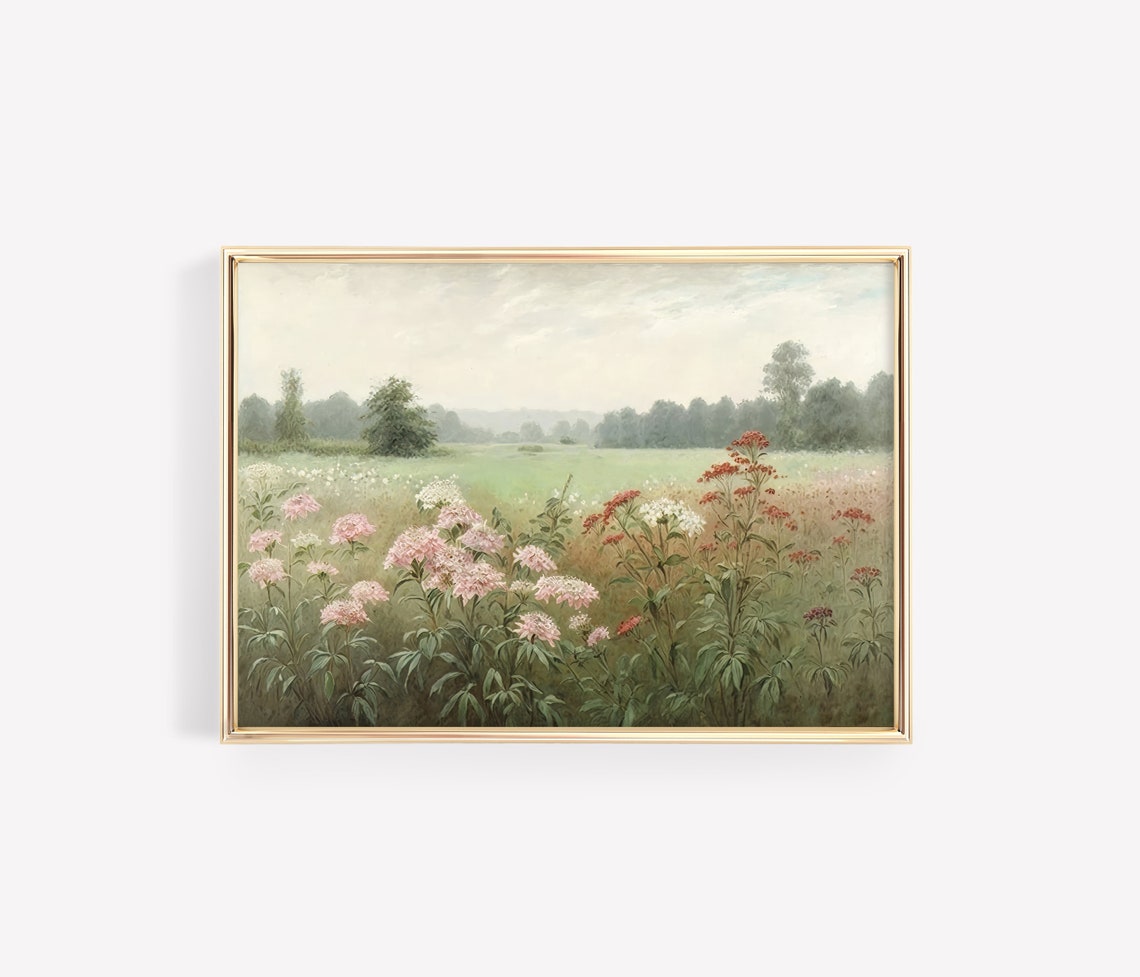 Pink Wildflower Meadow Painting Red White Blooms Green Field Poster - Image 2