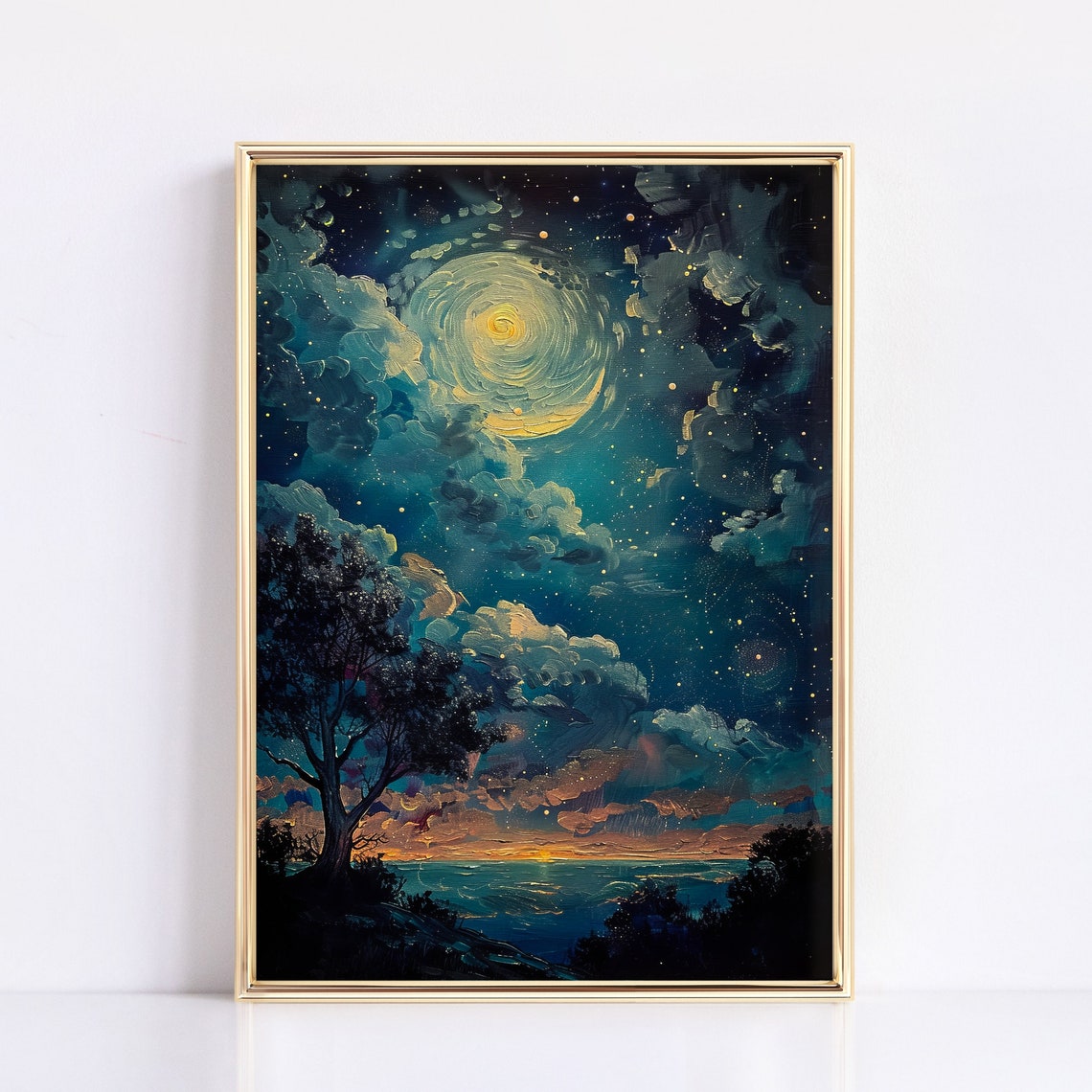 Swirling Moon Over Moonlit Sea Cliff Dramatic Night Sky Print - Image 3