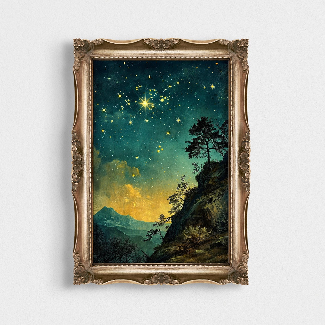 Golden Starry Night Over Mountain Cliffs Celestial Sky Print