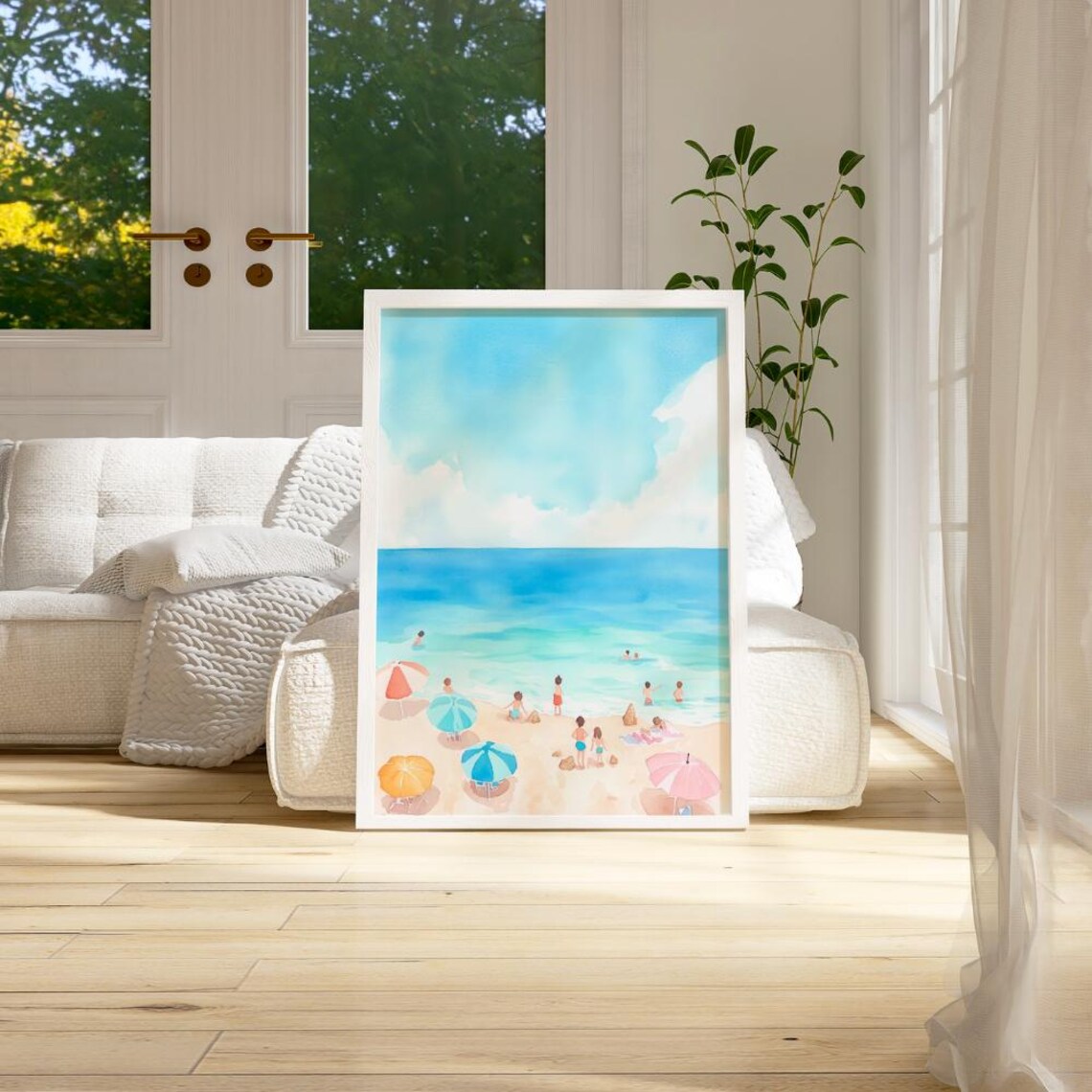 Sunny Beach Day Umbrellas Swimmers Watercolor Coastal Summer Wall Poster - Image 2