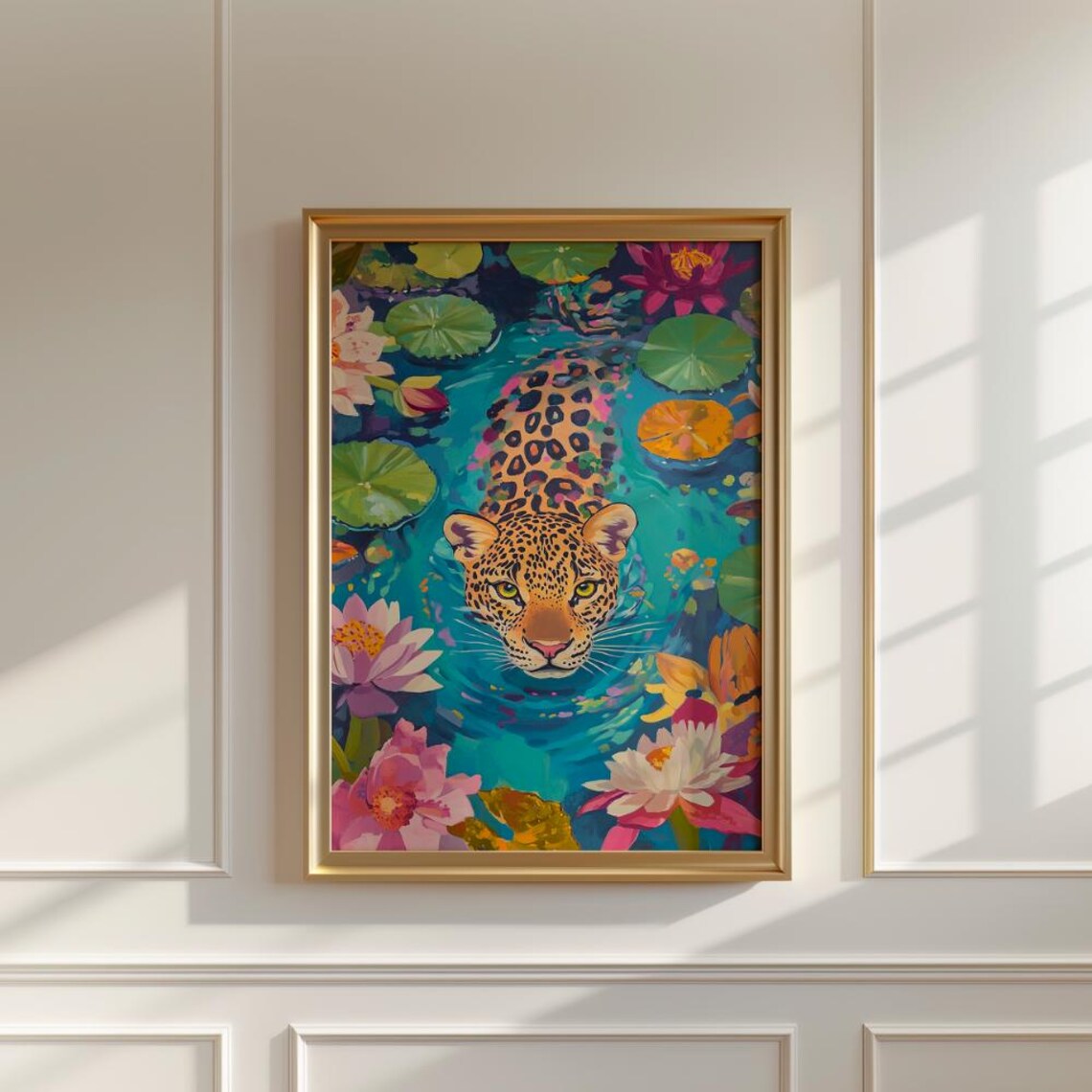 Leopard Swimming Among Water Lilies Tropical Painting Poster