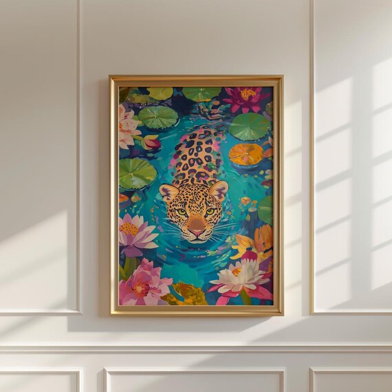 Leopard Swimming Among Water Lilies Tropical Painting Poster