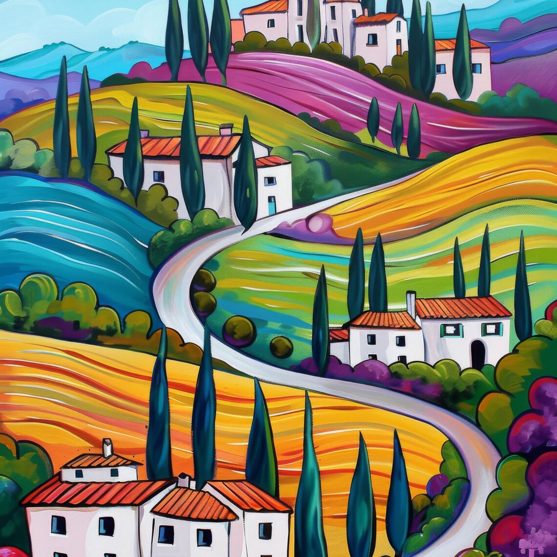 Colorful Tuscan Village Hillside Cypress Trees Italian Art Poster - Image 2