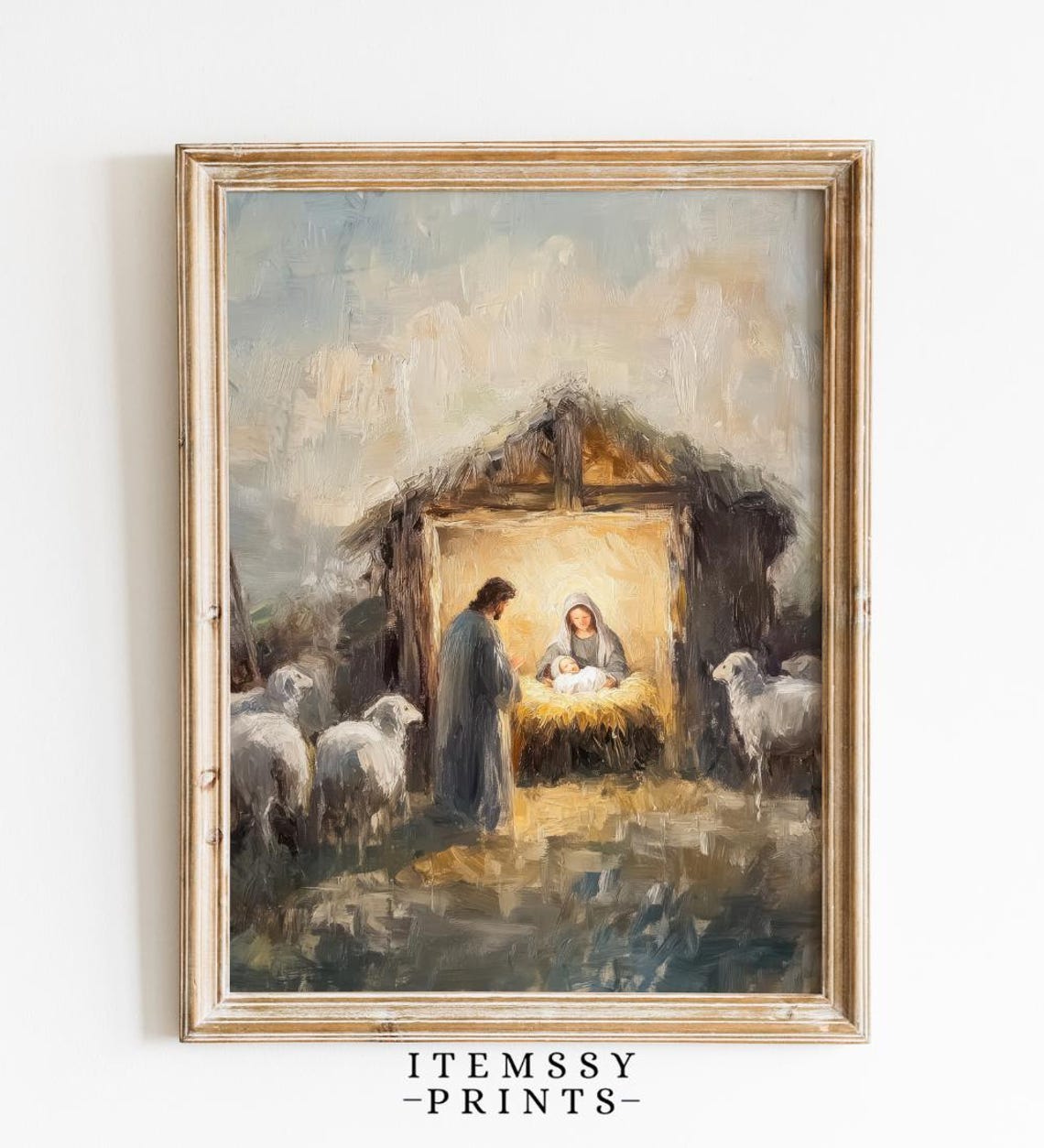 Holy Nativity Scene With Family In Straw Manger And Sheep Poster