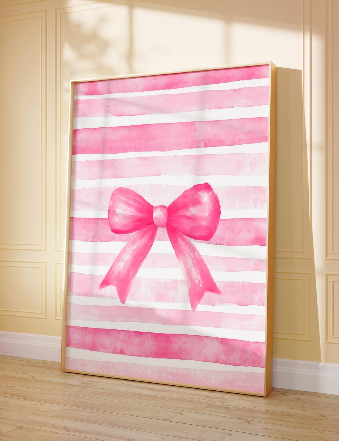 Pink Bow on Pink Stripes Watercolor Coquette Girly Room Wall Art - Image 3