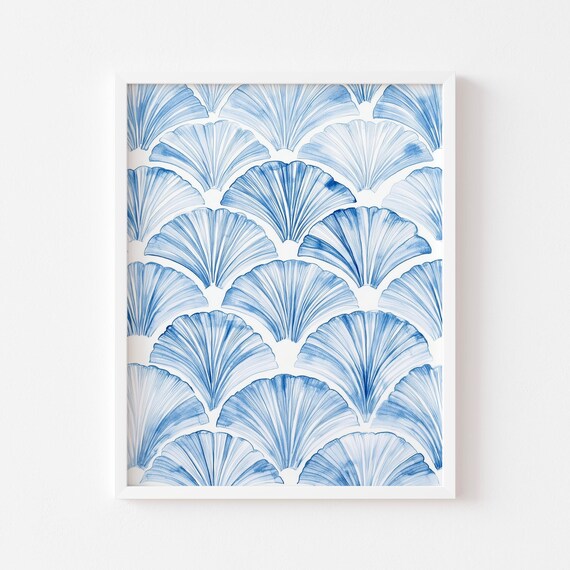 Blue Scallop Shell Pattern Watercolor Coastal Beach House Wall Art