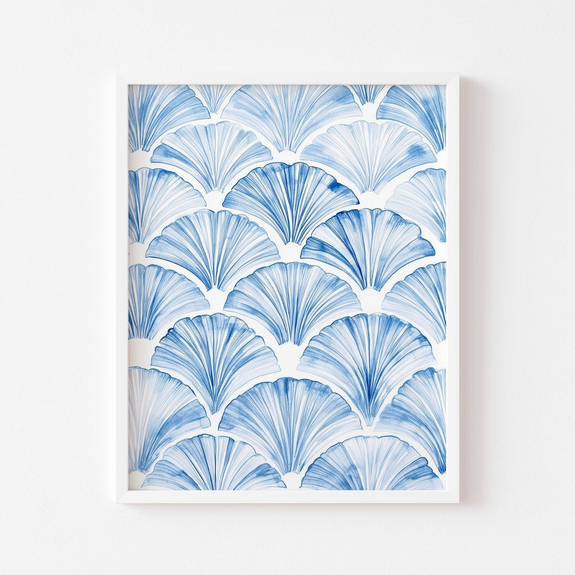 Blue Scallop Shell Pattern Watercolor Coastal Beach House Wall Art