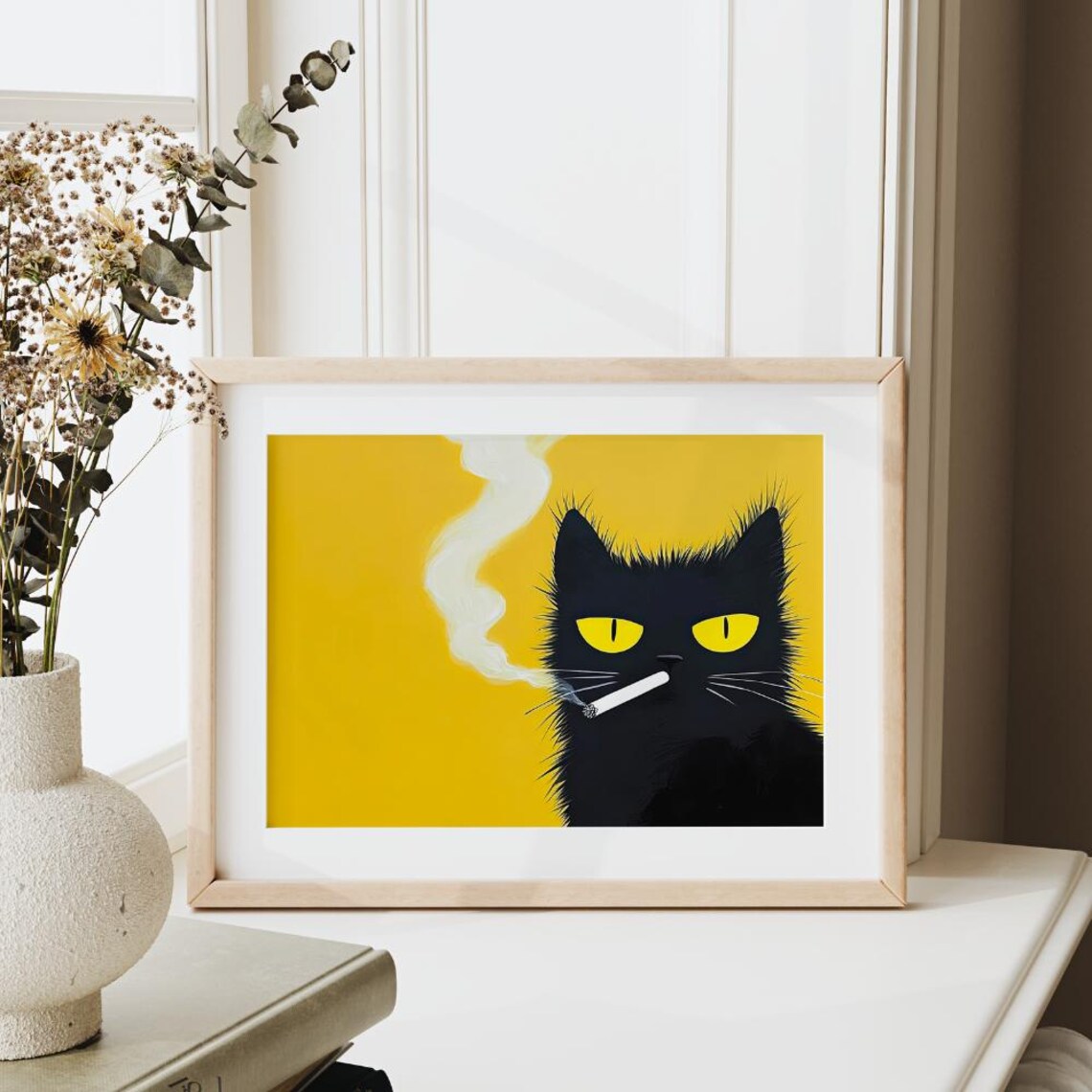 Smoking Black Cat on a Yellow Background Funny Vintage Kitsch Poster - Image 2
