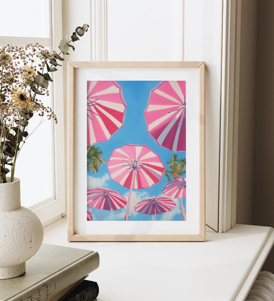Pink Striped Beach Umbrellas Painting Trendy Coastal Pop Art Poster - Image 3