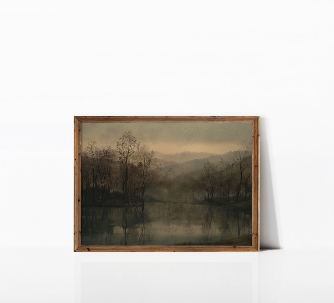 Misty Lake at Dusk With Bare Tree Reflections Moody Tonalism Poster - Image 3