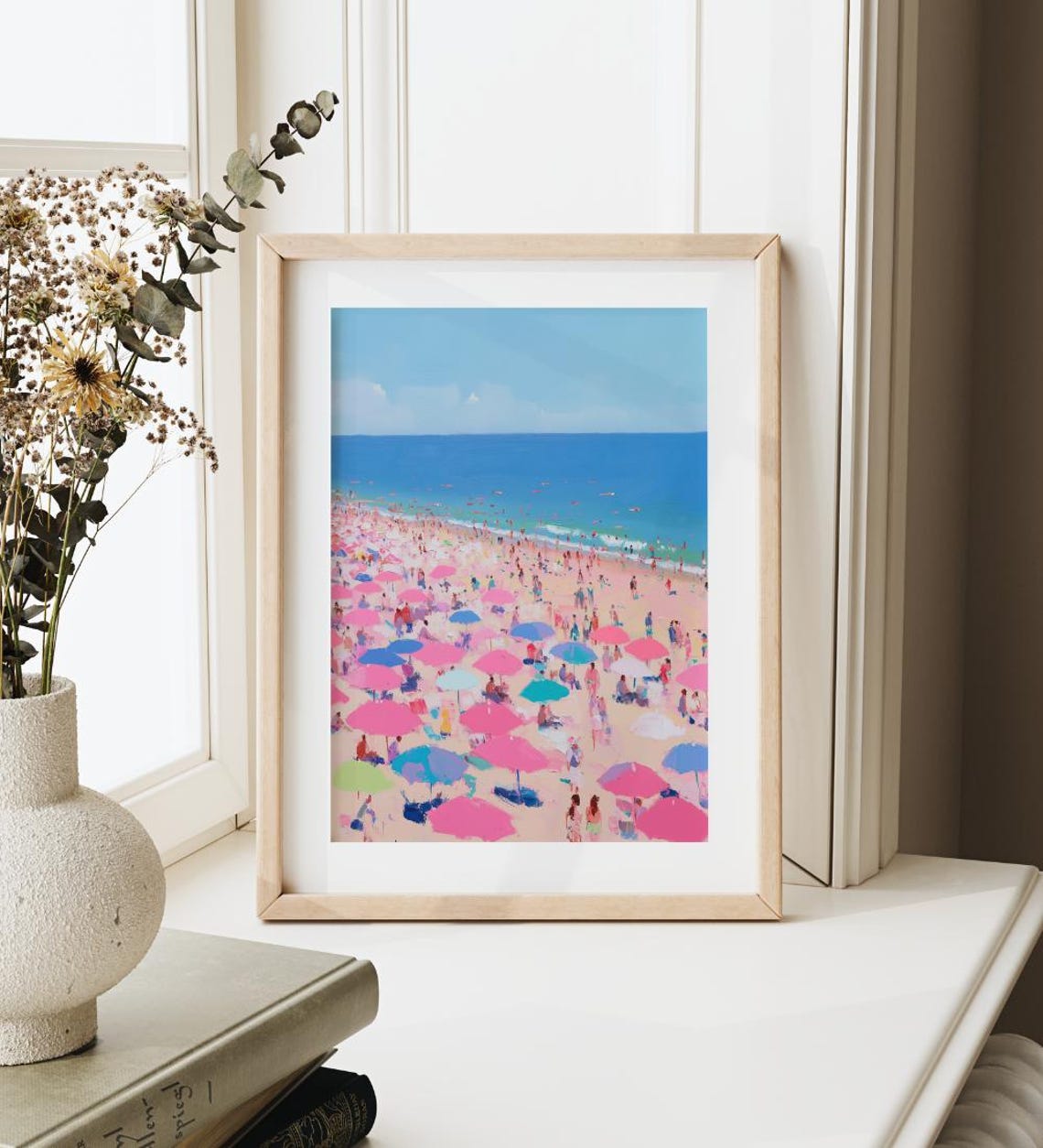Pink Beach Umbrellas Crowded Beach Ocean Painting Coastal Art Print - Image 4