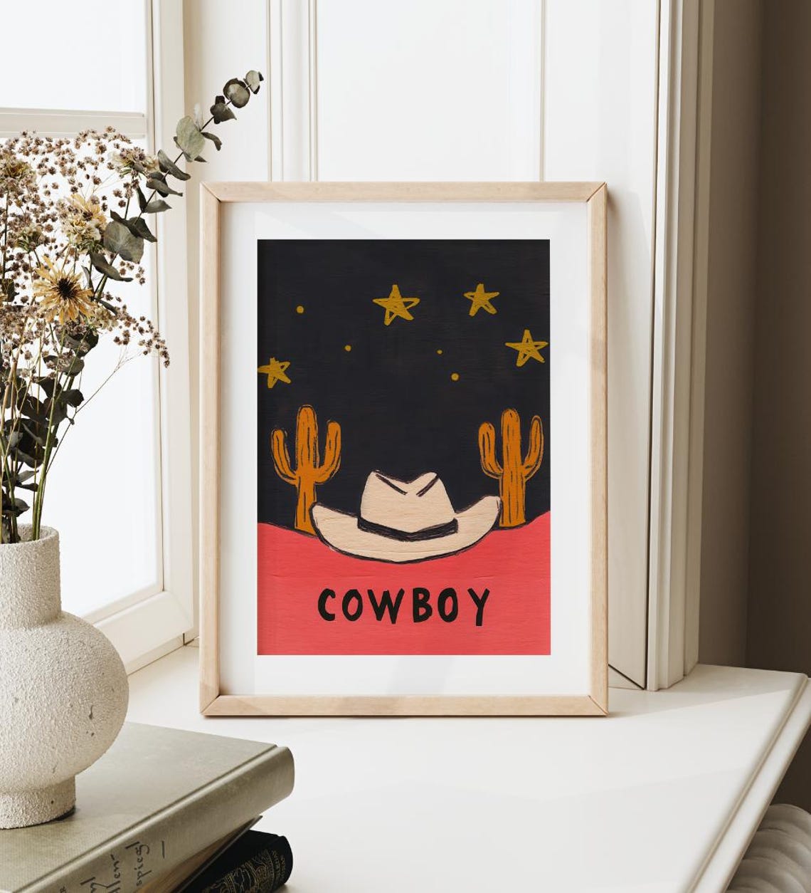 Cowboy Hat Over Red Desert Night With Cacti Western Folk Art Print - Image 3