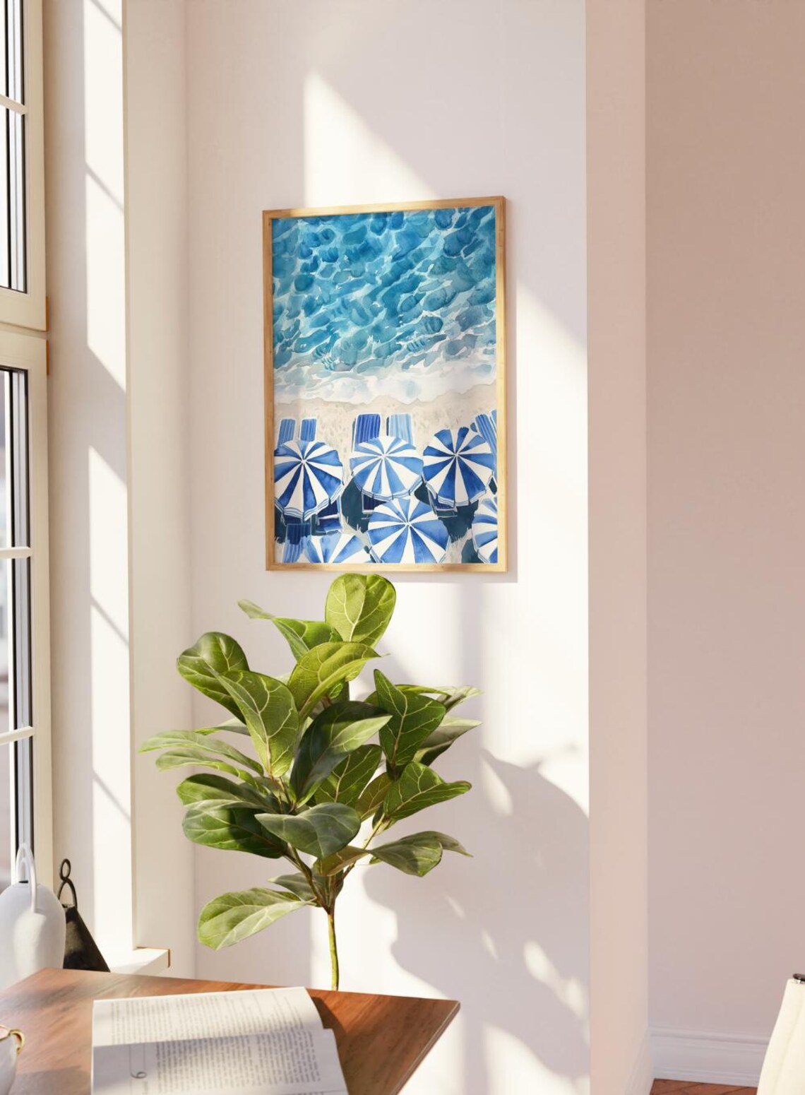 Blue Striped Umbrella Aerial Beach Watercolor Coastal Summer Wall Poster - Image 3