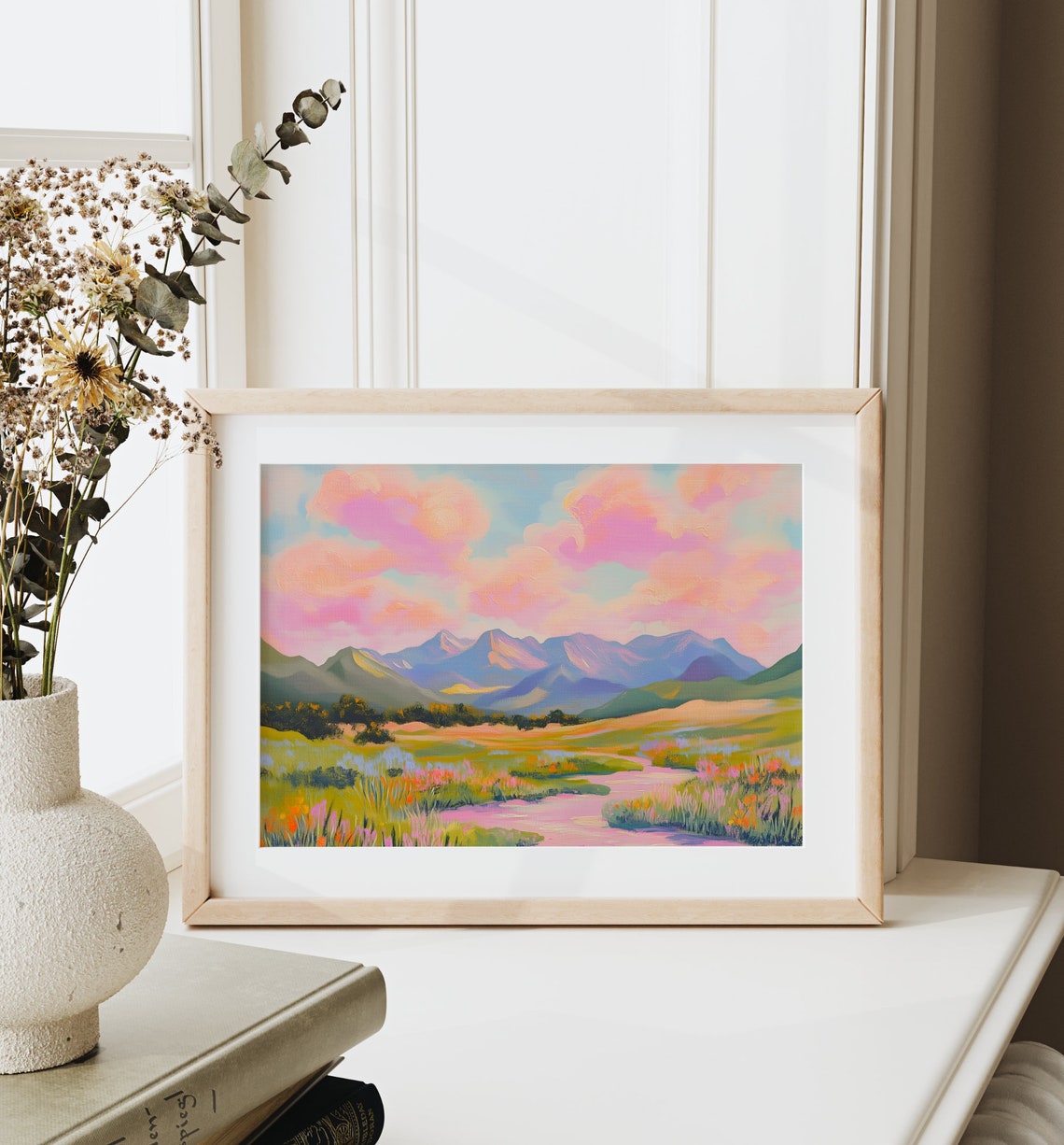 Pastel Mountain Meadow Stream Colorful Valley Scenic Landscape Poster - Image 2
