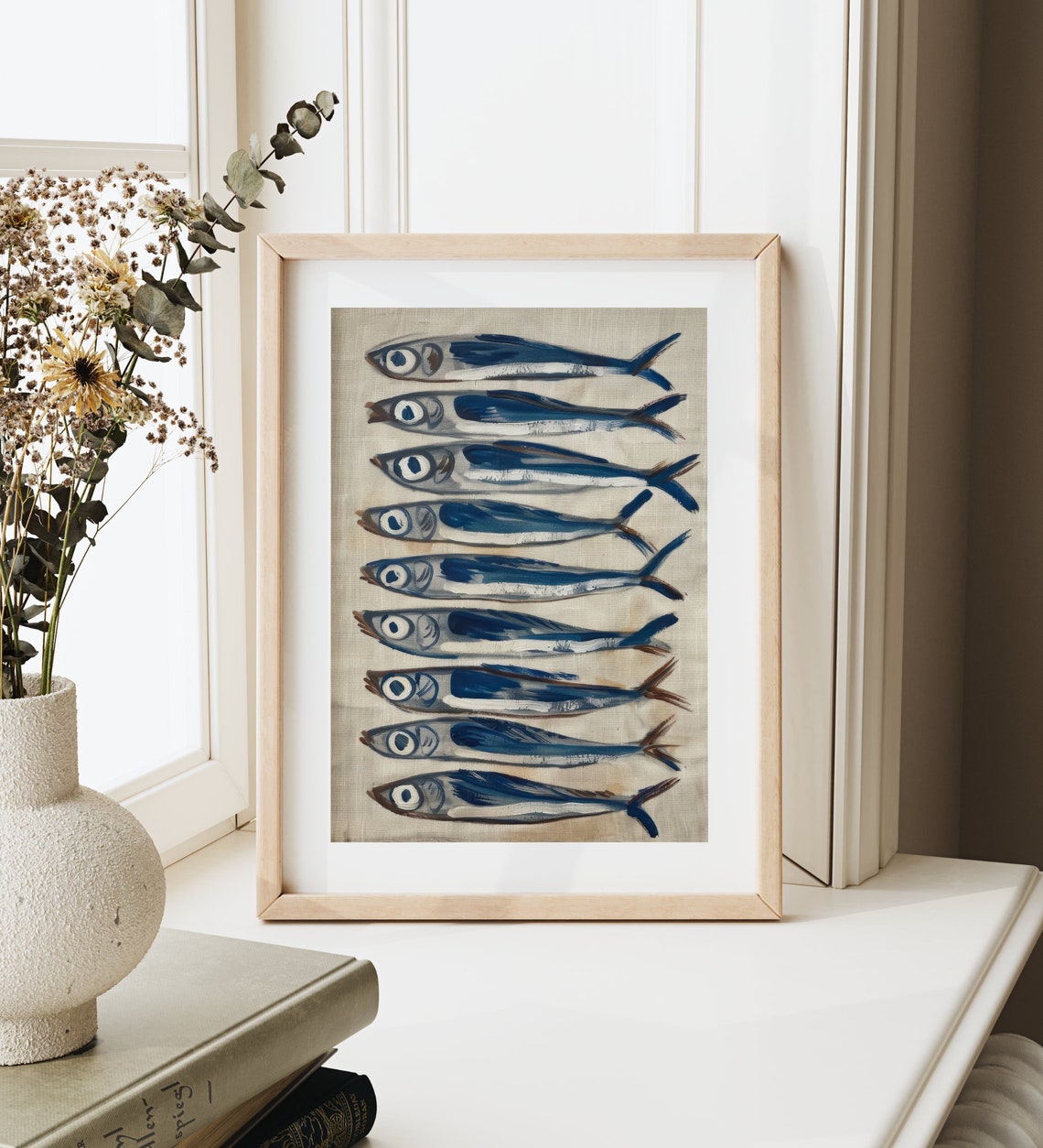 Blue Sardines Watercolor Fish Painting Coastal Kitchen Decor Poster - Image 3