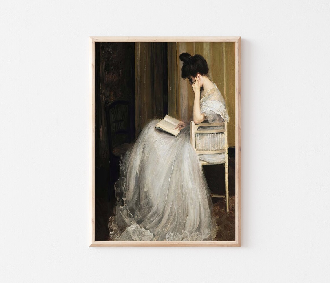 Vintage Portrait Woman In White Dress Reading Book Dark Interior Poster - Image 3