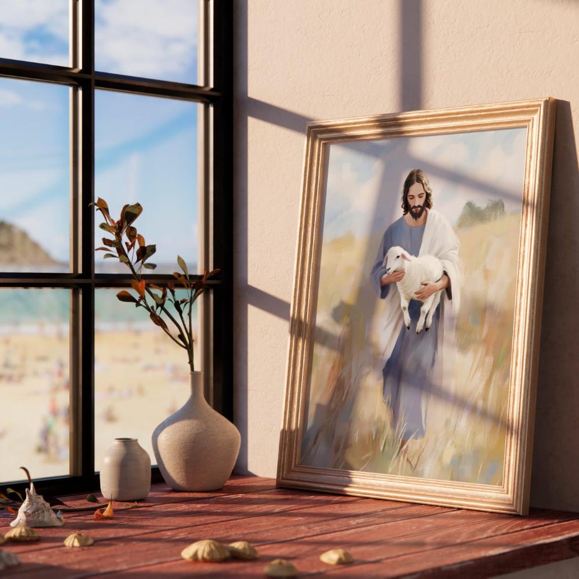 Jesus Gently Holding A Small Lamb In A Golden Wheat Field Poster - Image 3