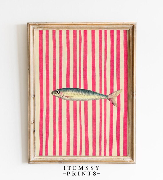 Sardine Watercolor Print Retro Wall Art Fish Illustration For Seafood Lovers Red Striped Artwork Unique Pike Decor For Kitchen