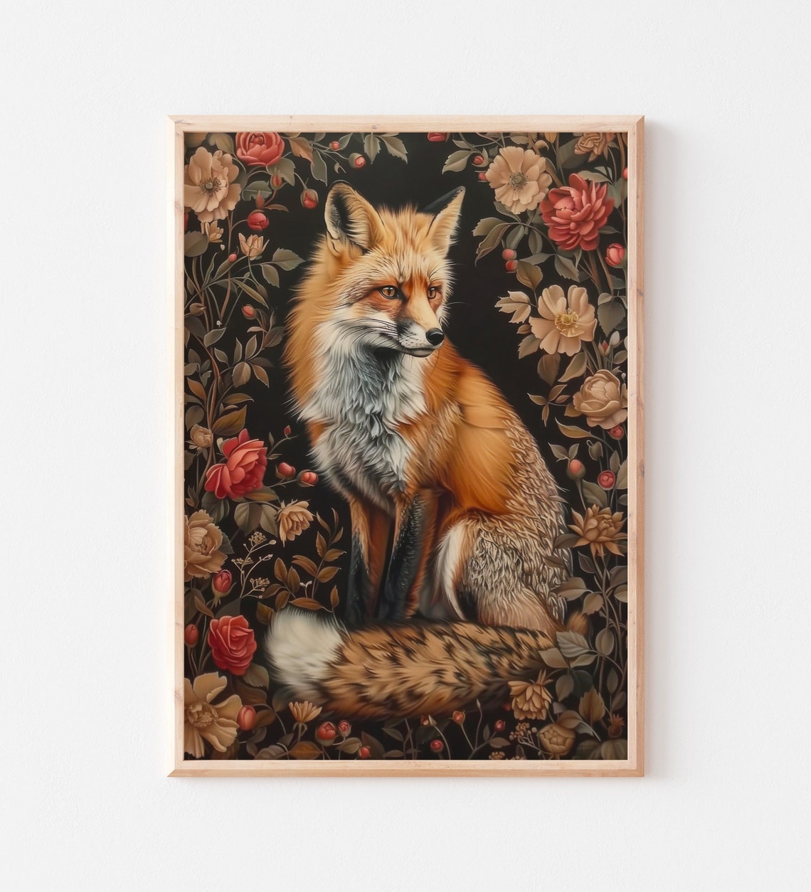 Red Fox Sitting Among Roses Dark Floral Vintage Woodland Animal Poster - Image 2