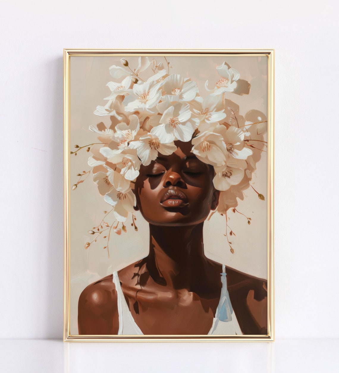 Black Woman Portrait White Floral Crown Minimalist Elegant Art Poster