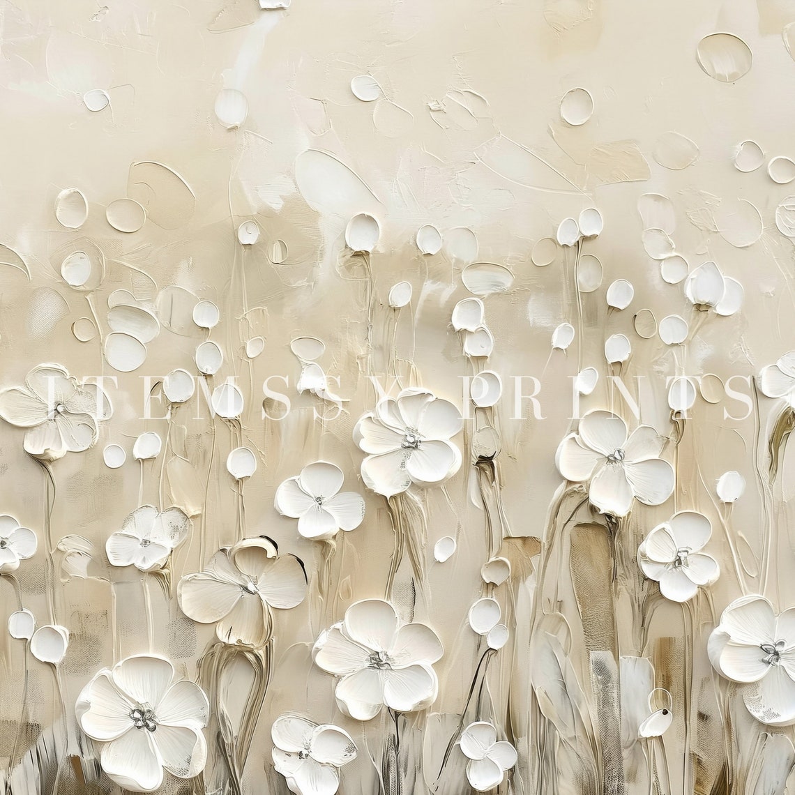 Textured White Wildflowers Beige Neutral Impasto Floral Art Poster - Image 2