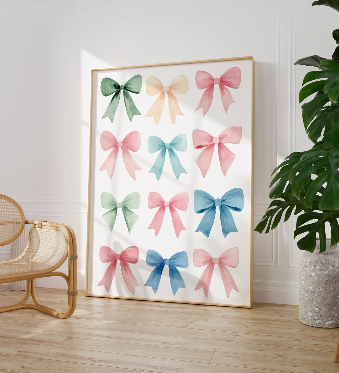 Pastel Watercolor Ribbon Bow Grid Twelve Girly Nursery Art Poster - Image 2