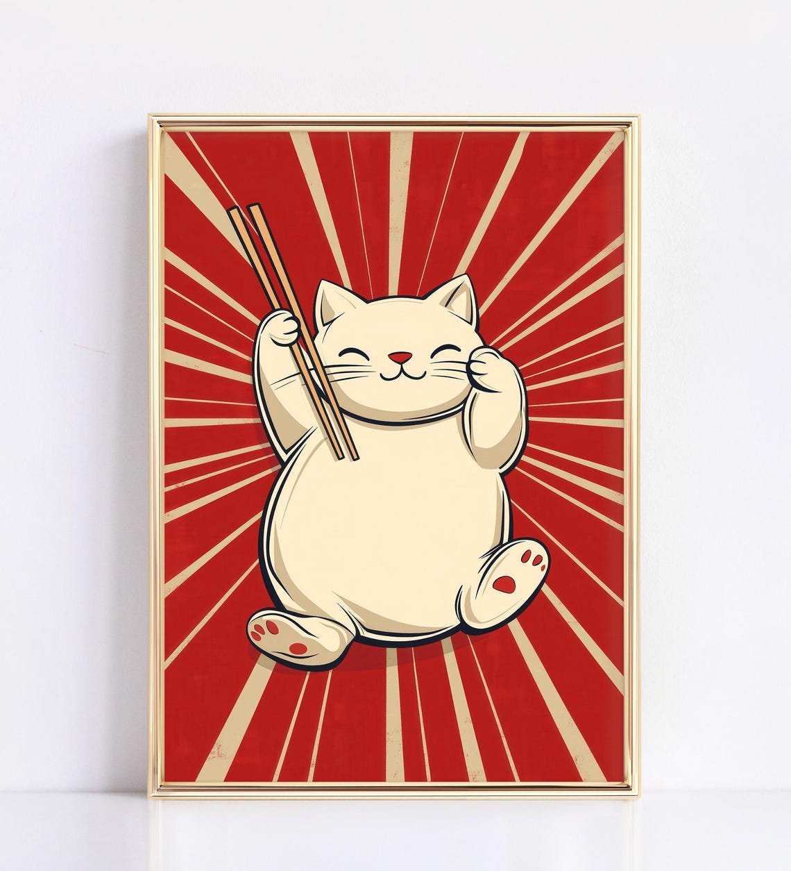 Chubby Cat Holding Chopsticks Red Sunburst Funny Japanese Poster