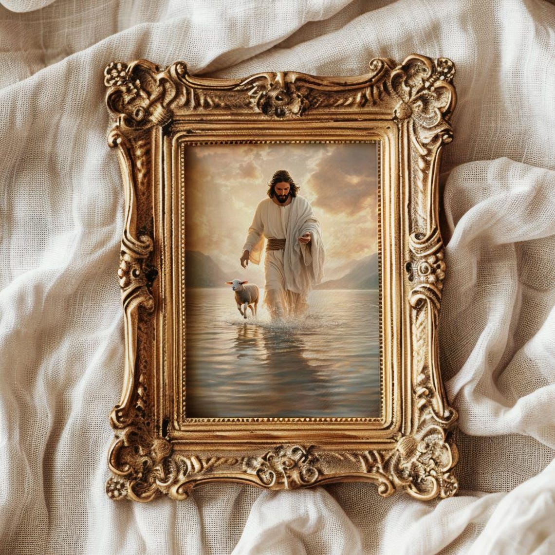 Jesus and the Lost Lamb Walking on Water Christian Art Poster - Image 2