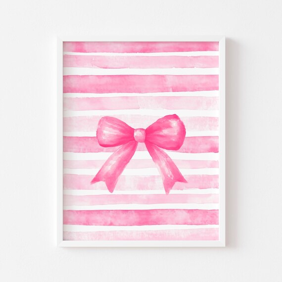 Pink Bow on Pink Stripes Watercolor Coquette Girly Room Wall Art