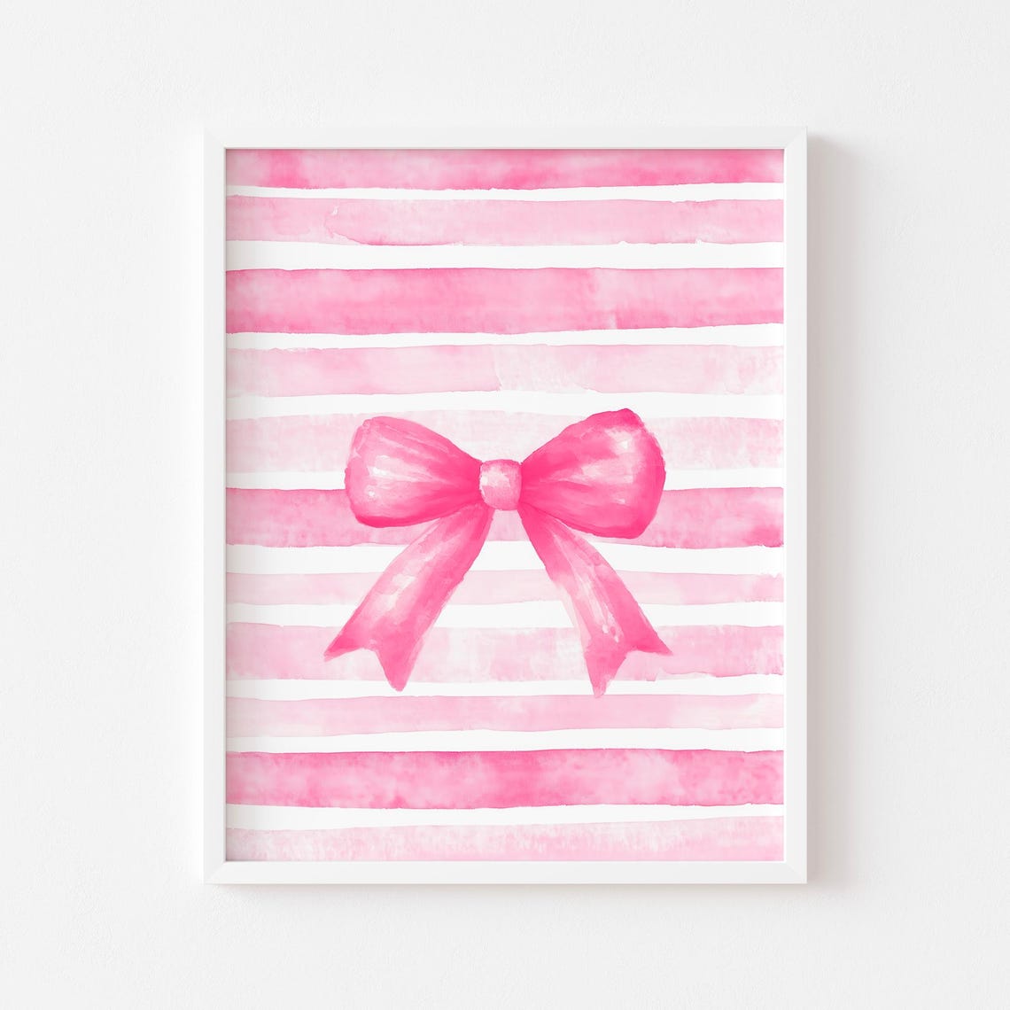 Pink Bow on Pink Stripes Watercolor Coquette Girly Room Wall Art