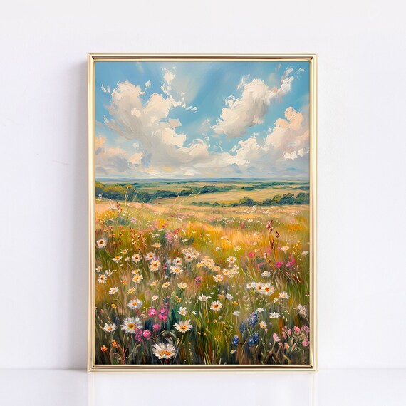 Bright Wildflower Meadow Under Blue Cloudy Sky Summer Poster