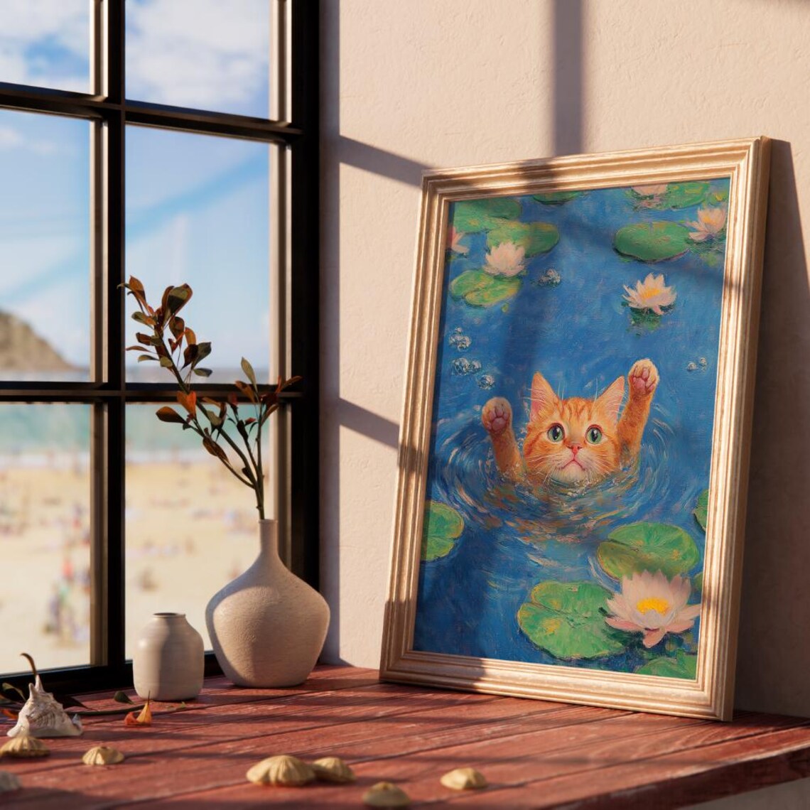 Orange Kitten Swimming Among Monet Style Water Lilies Funny Cat Art Poster - Image 2