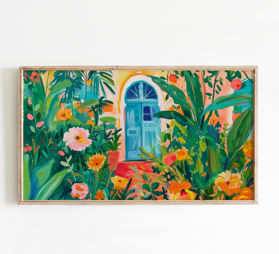 Blue Arched Door In Tropical Garden Bold Colorful Botanical Poster