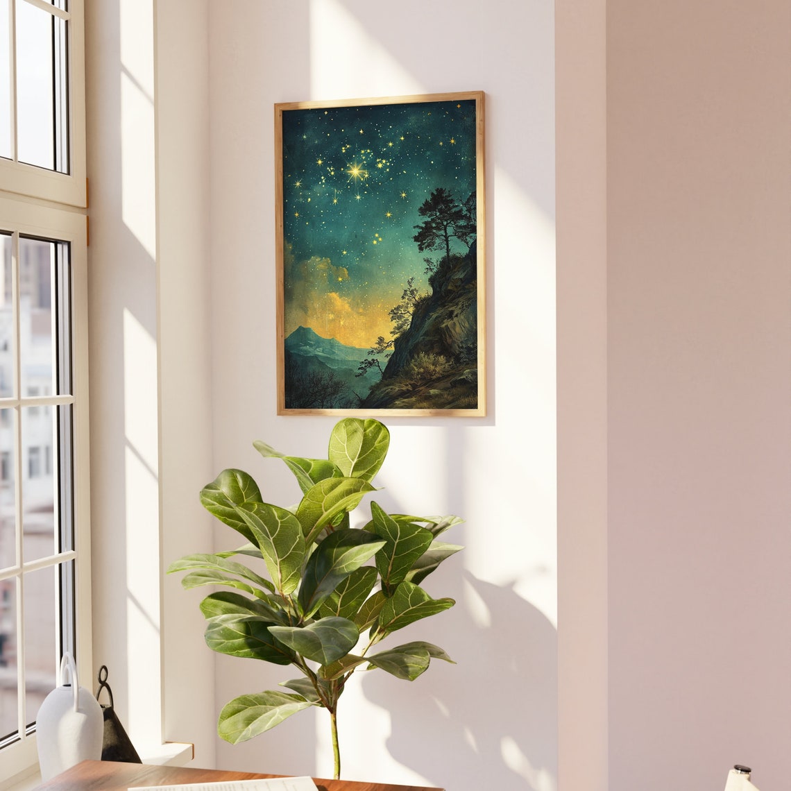 Golden Starry Night Over Mountain Cliffs Celestial Sky Print - Image 3
