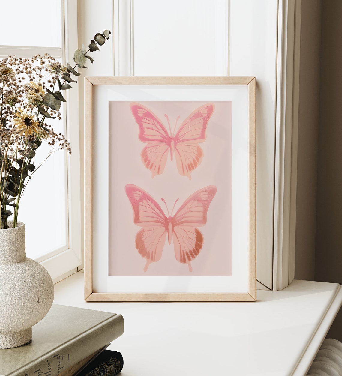Two Pink Butterflies on Blush Background Vintage Botanical Wall Art - Image 3