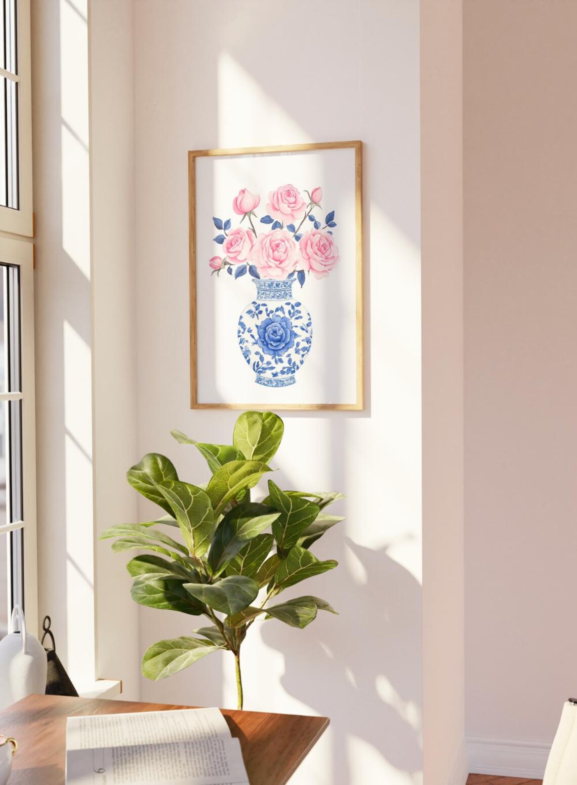 Pink Roses In Blue White Porcelain Vase Floral Watercolor Wall Poster - Image 2