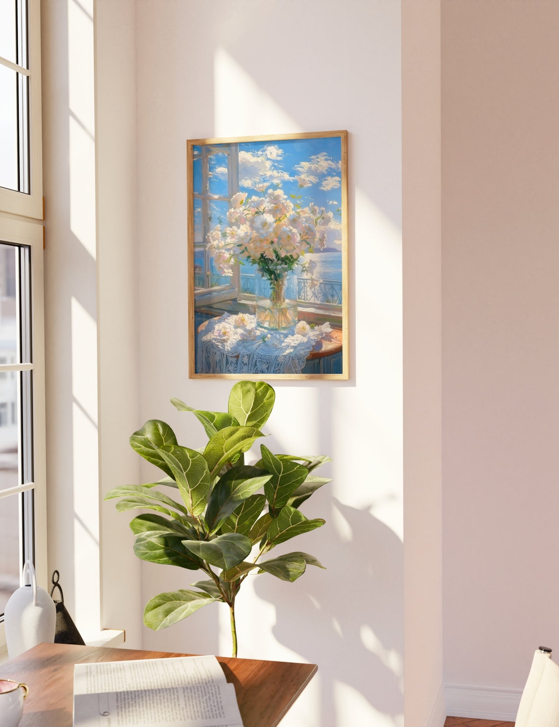 White Summer Blossoms Open Window Overlooking Sea Lace Art Poster - Image 3