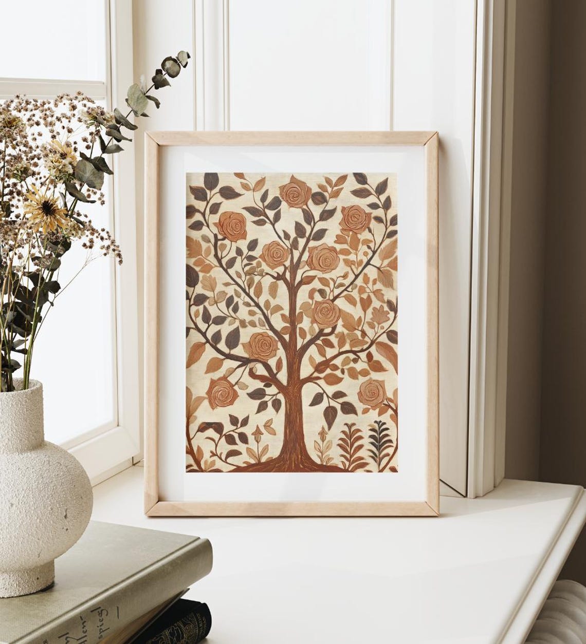 Vintage Folk Art Rose Tree Of Life Rust Brown Botanical Wall Poster - Image 3