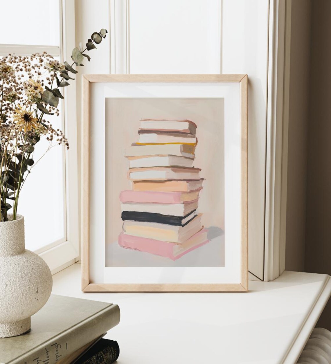Pastel Stack Of Books Painting Bookworm Library Reading Nook Wall Poster - Image 3