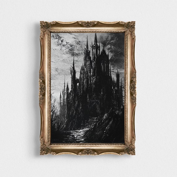 Dark Goth Castle Unique Vintage Oil Painting Art Print Poster Gothic Home Decor Dark Academia Black And White Wall Art