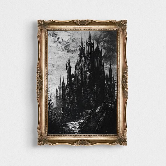 Gothic Castle Ink Painting Dark Monochrome Cathedral Wall Art