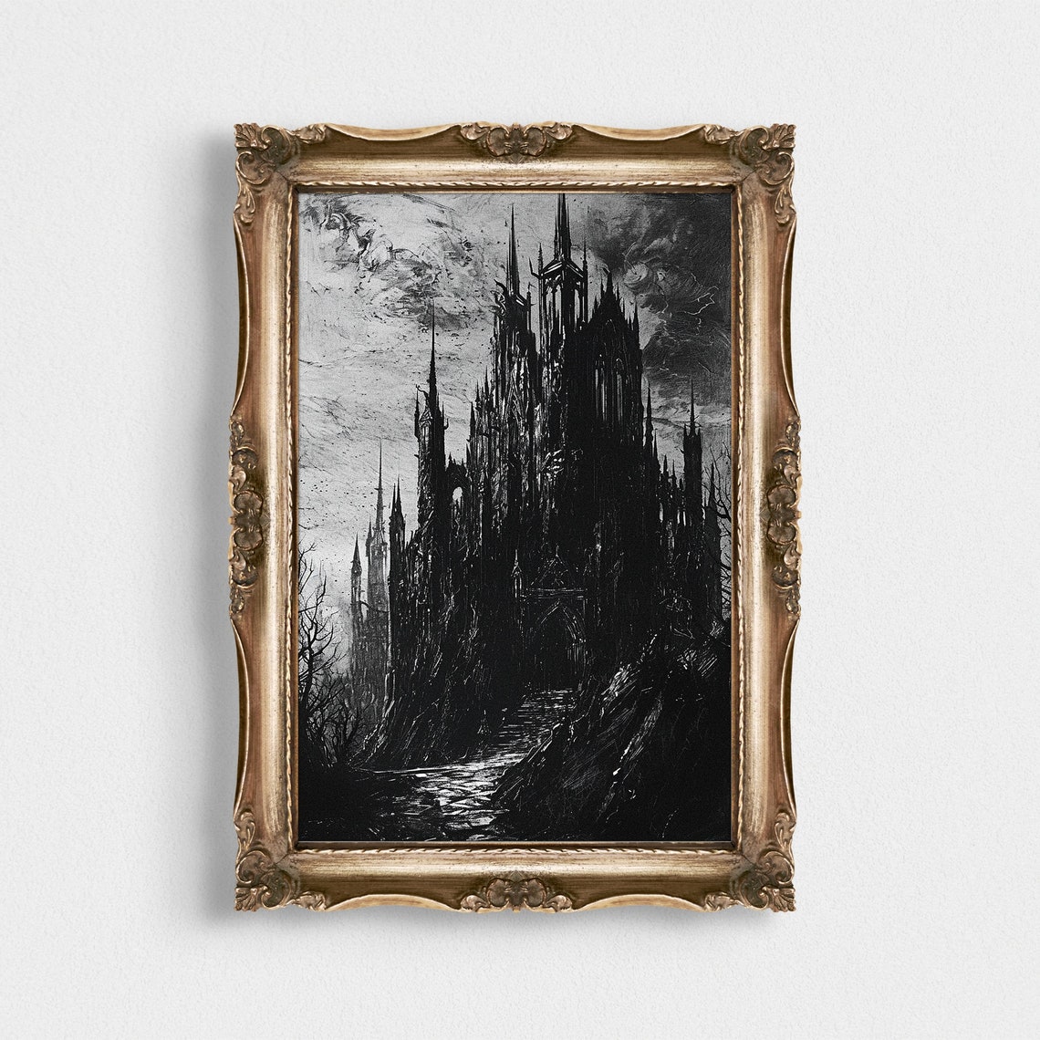 Gothic Castle Ink Painting Dark Monochrome Cathedral Wall Art