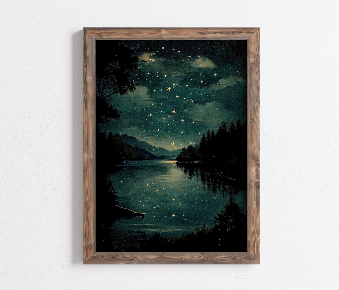 Starry Night Over Mountain Lake Teal Night Sky Magic Art Poster - Image 2