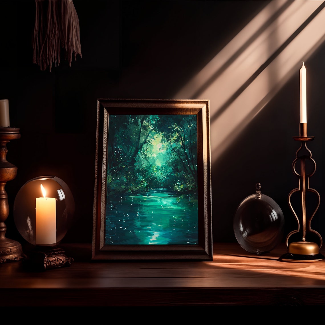 Emerald Forest River Luminous Jungle Waterway Painting Print - Image 3