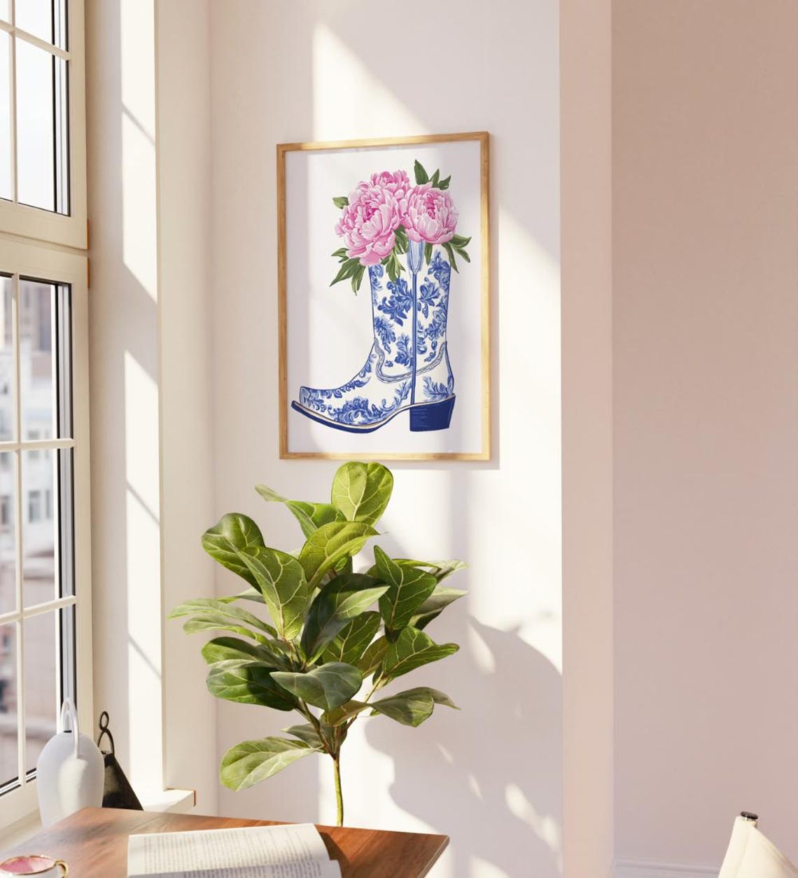 Chinoiserie Cowboy Boot With Pink Peonies Western Floral Wall Poster - Image 3