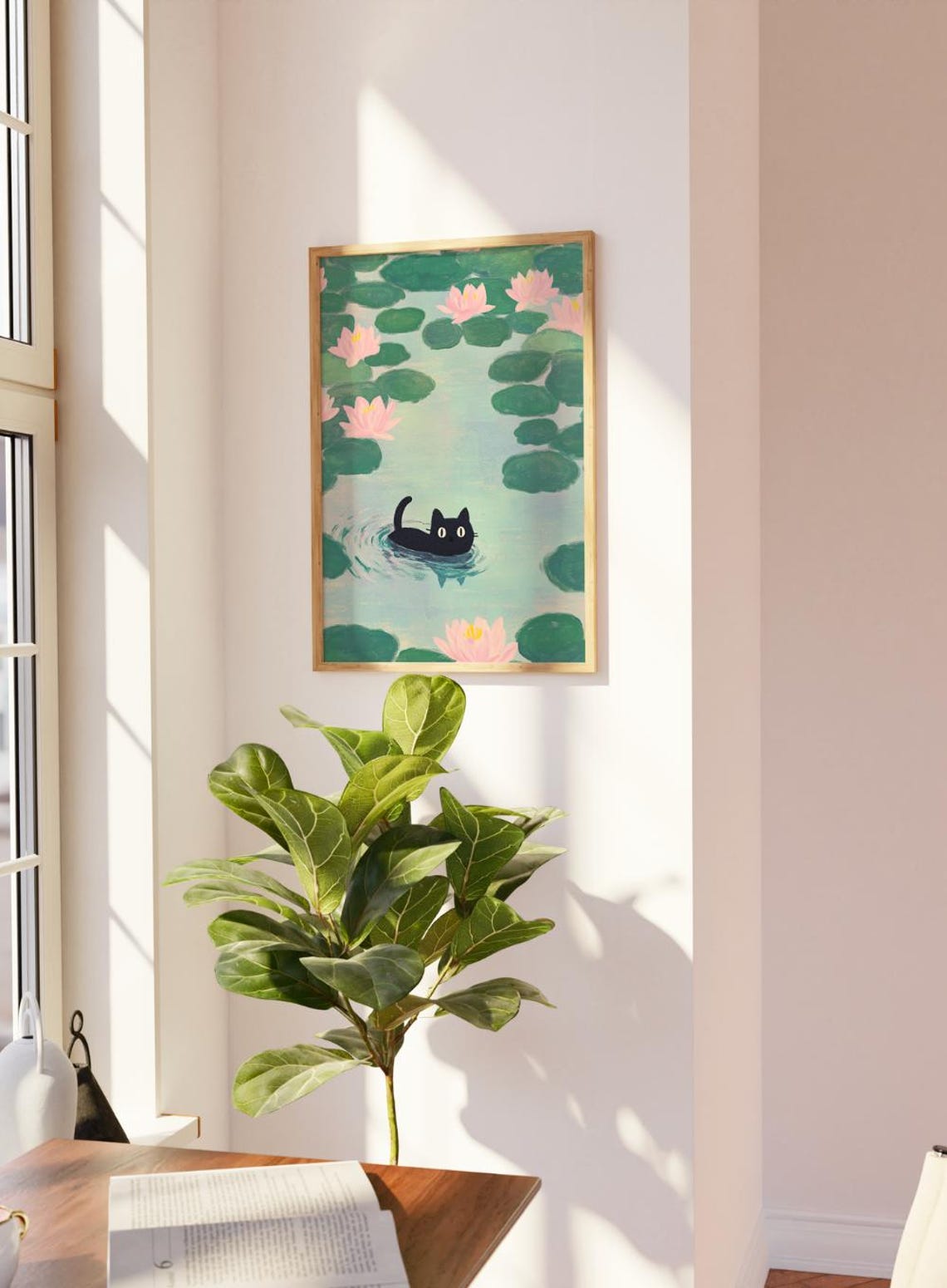 Black Cat Monet Water Lilies Humorous Whimsical Cat Art Poster - Image 2