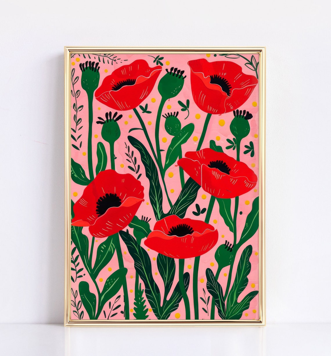 Wild Red Poppy Flowers Folk Art Pink Background Botanical Poster