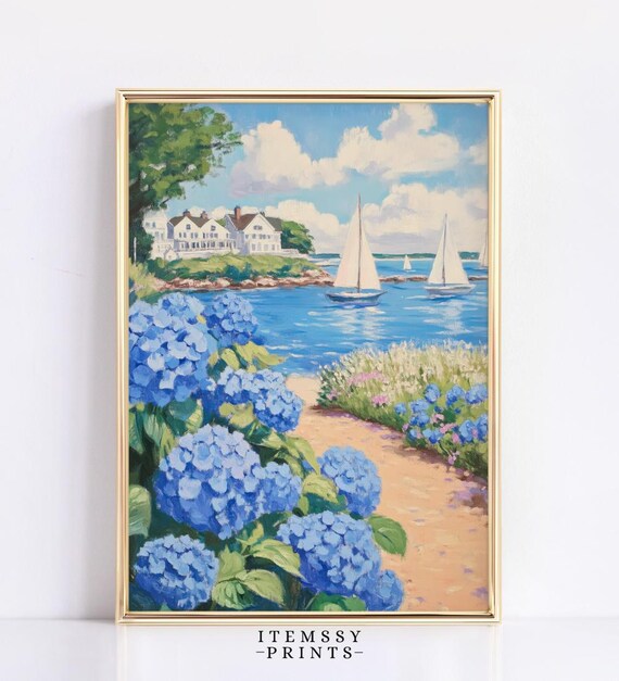 Nantucket Seaside Sailboat Print Luxury Painting High Society Hydrangeas Wall Art Coastal Bedroom Decor Nautical Summer Poster