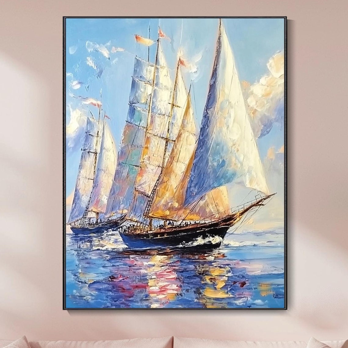 Tall Sailing Ships with Full Sails Blue Sea Nautical Scene Art Poster