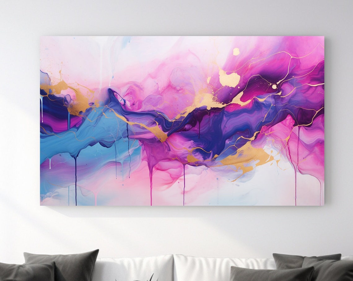 Pink Purple Blue Flowing Abstract Ink With Gold Accents Wall Art